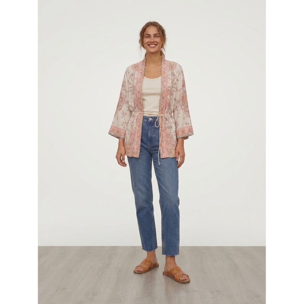 Paisley Kimono Jacket Cardigan XS Belted Tie Waist Boho Wrap Top Festival Floral
